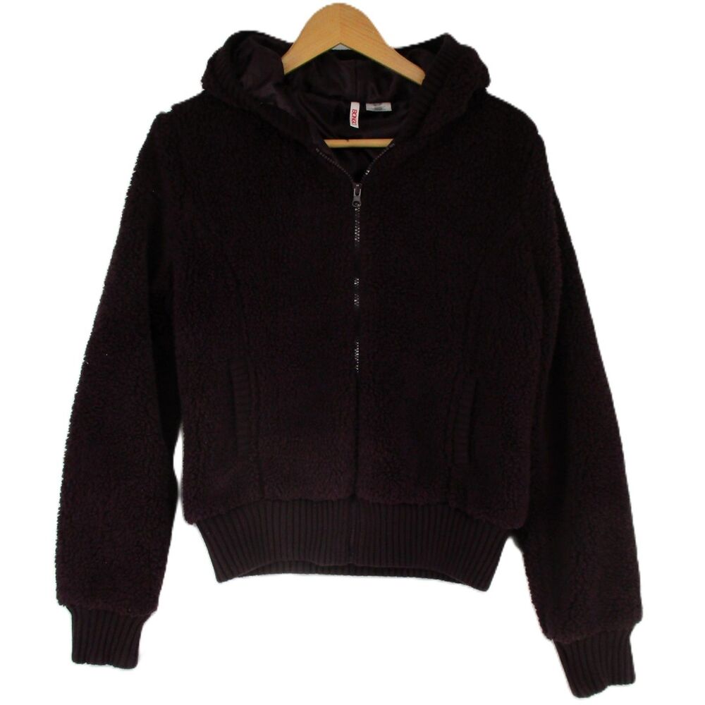 Vintage Y2K Bongo Faux Sherpa Teddy Jacket Plum Purple Hooded Cropped XL Bratz
